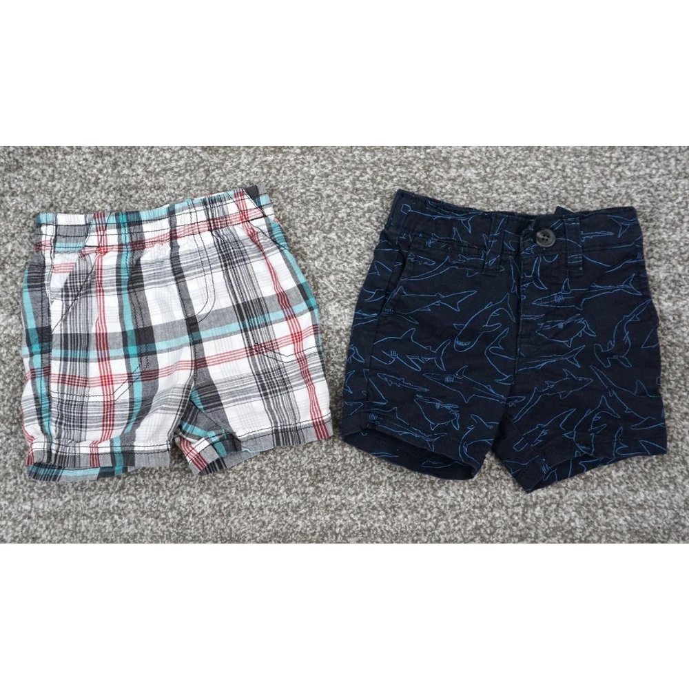 2 Old Navy Jumping Beans Blue White Plaid Shark Print Baby Boys Shorts Size 18m